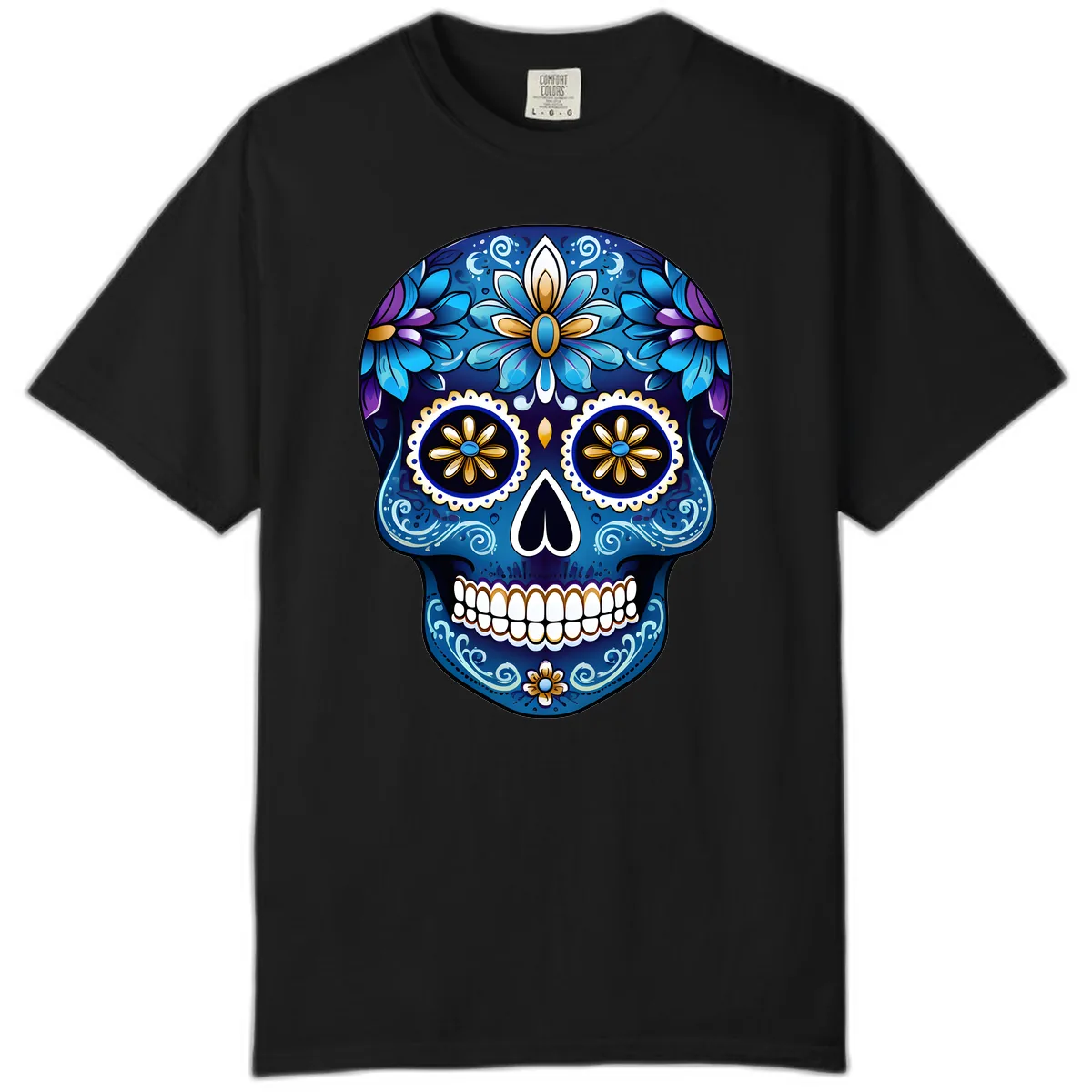 Vibrant Blue Floral Sugar Skull Calavera Art Comfort Color in Black