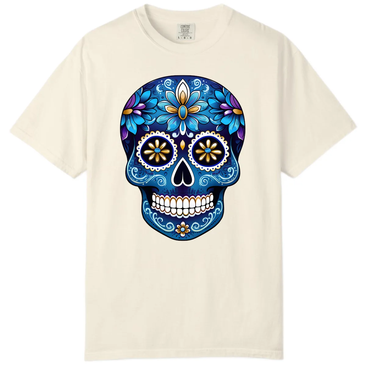 Vibrant Blue Floral Sugar Skull Calavera Art Comfort Color in Ivory