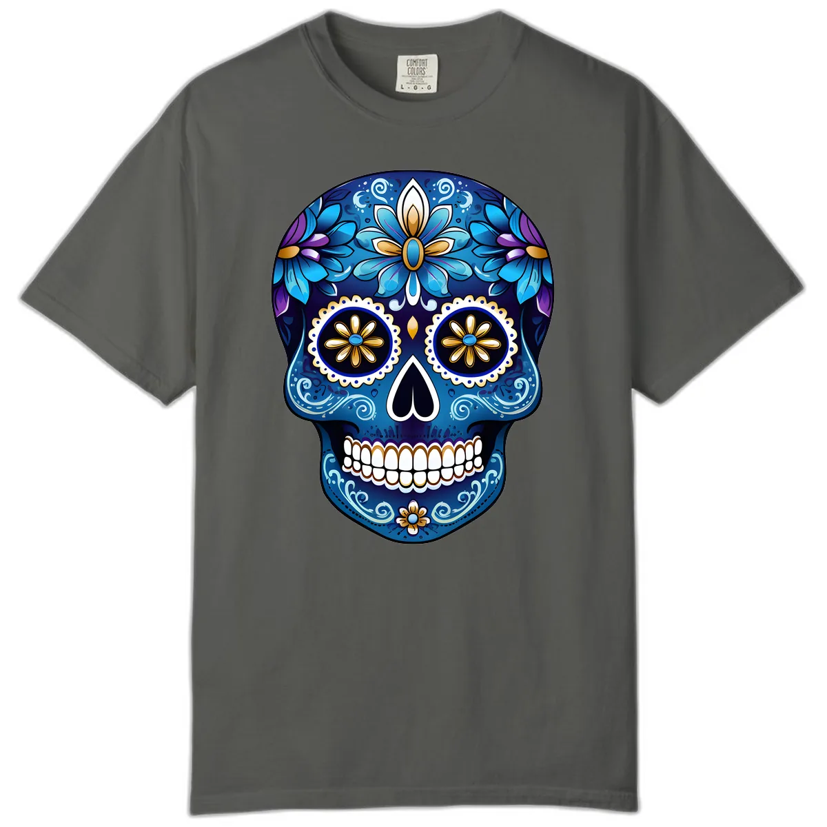 Vibrant Blue Floral Sugar Skull Calavera Art Comfort Color in Pepper