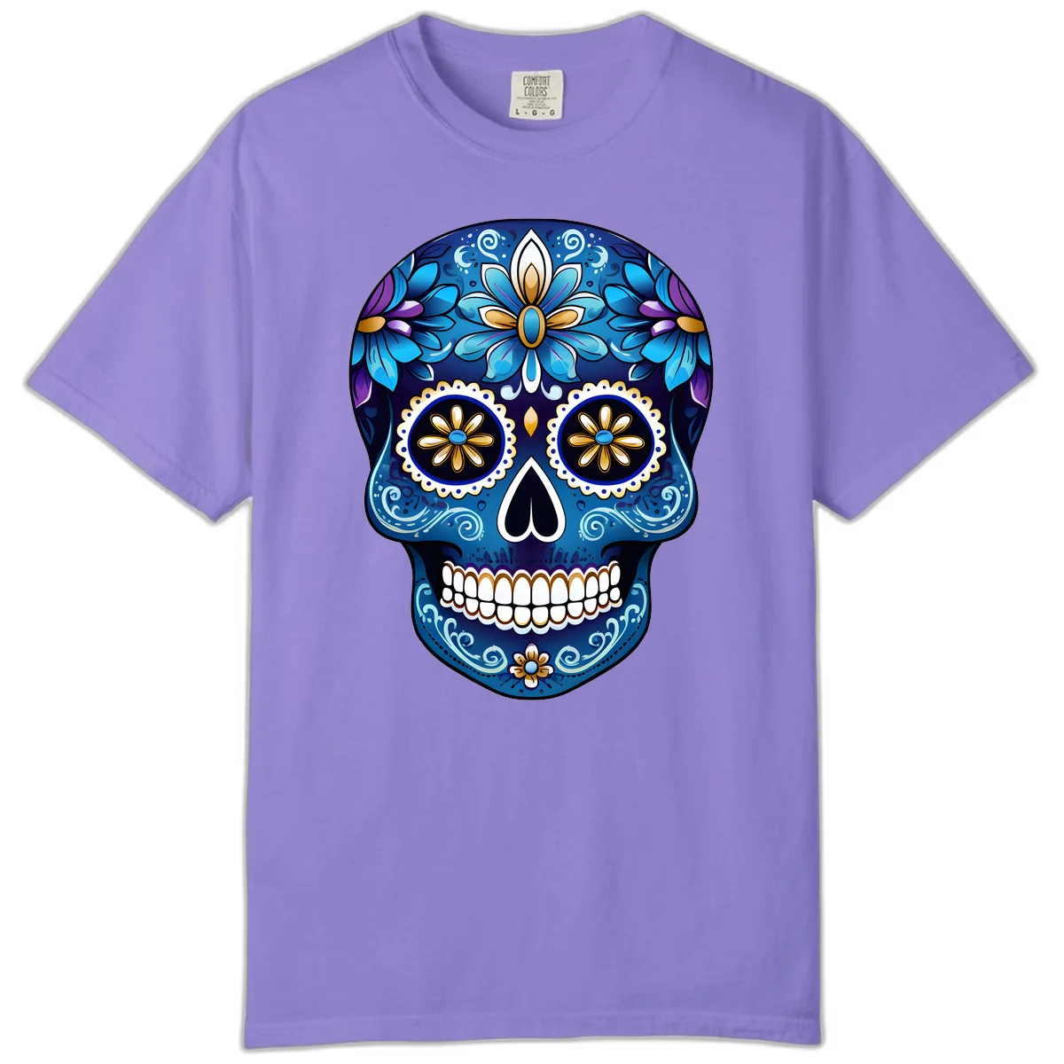 Vibrant Blue Floral Sugar Skull Calavera Art Comfort Color in Violet