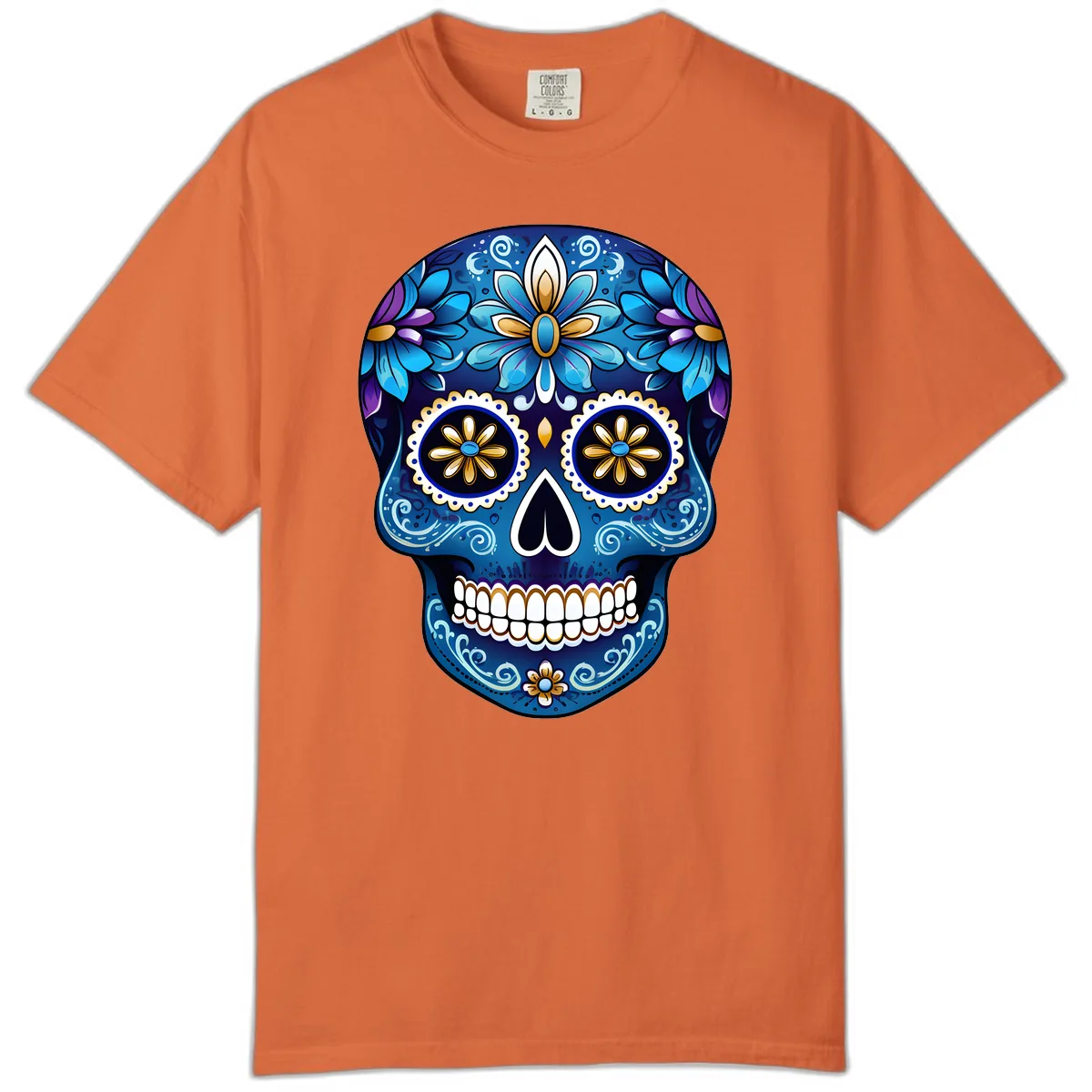 Vibrant Blue Floral Sugar Skull Calavera Art Comfort Color in Burnt Orange