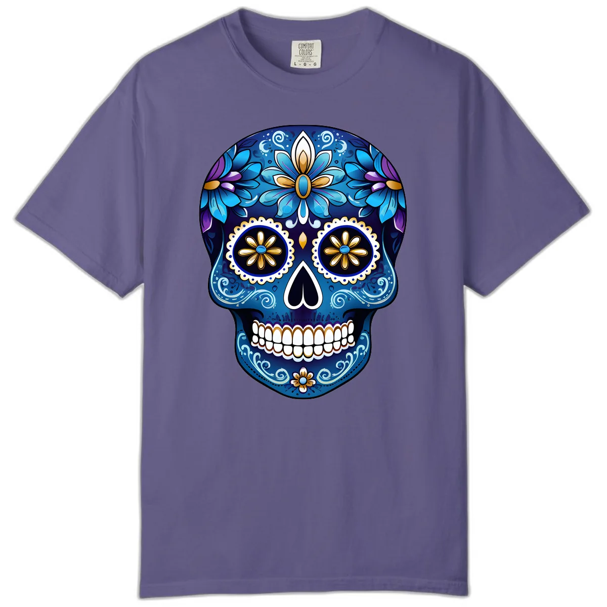 Vibrant Blue Floral Sugar Skull Calavera Art Comfort Color in Grape
