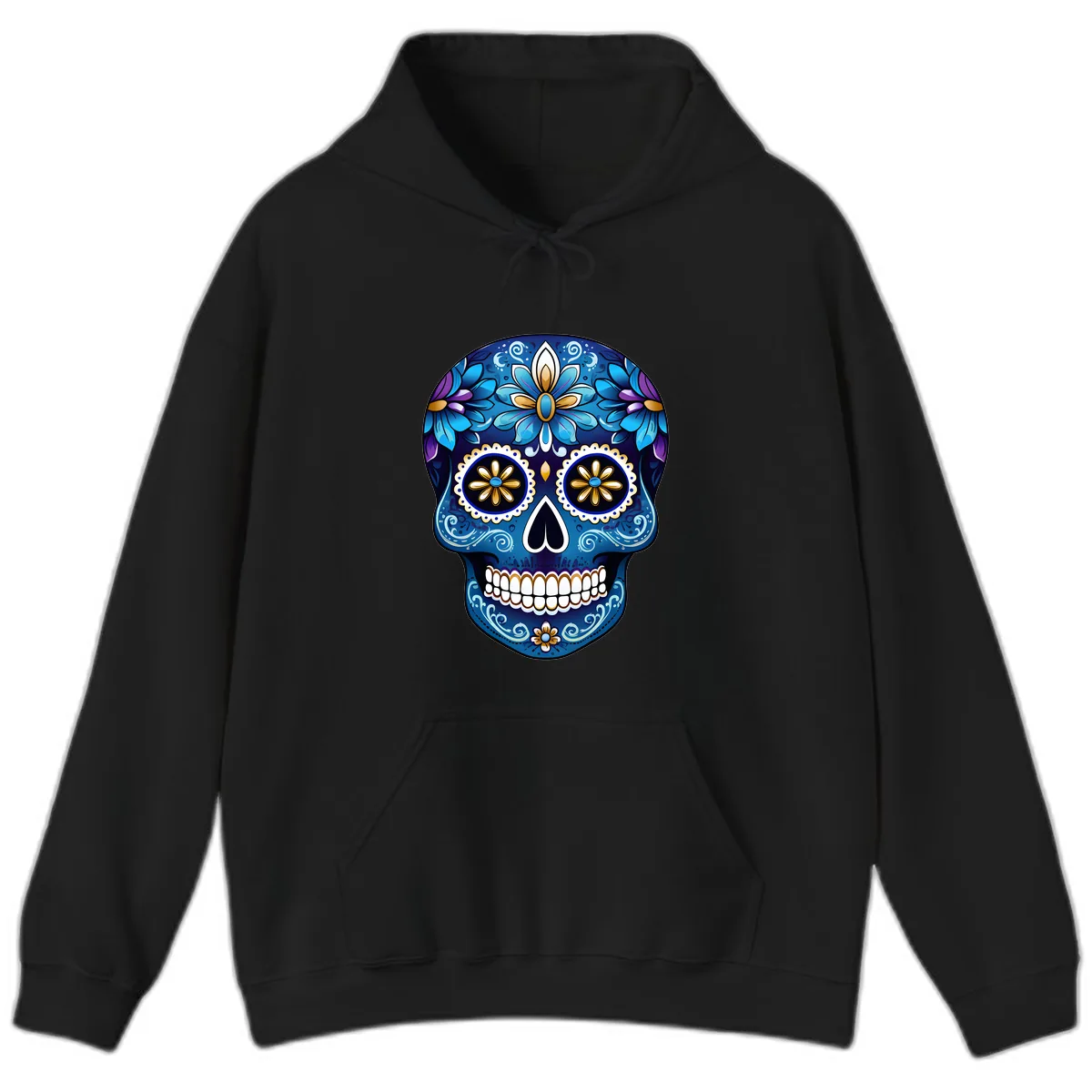 Vibrant Blue Floral Sugar Skull Calavera Art Hoodie in Black