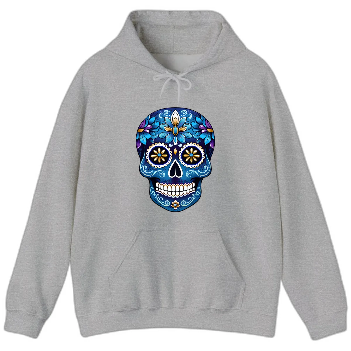 Vibrant Blue Floral Sugar Skull Calavera Art Hoodie in Sport Grey
