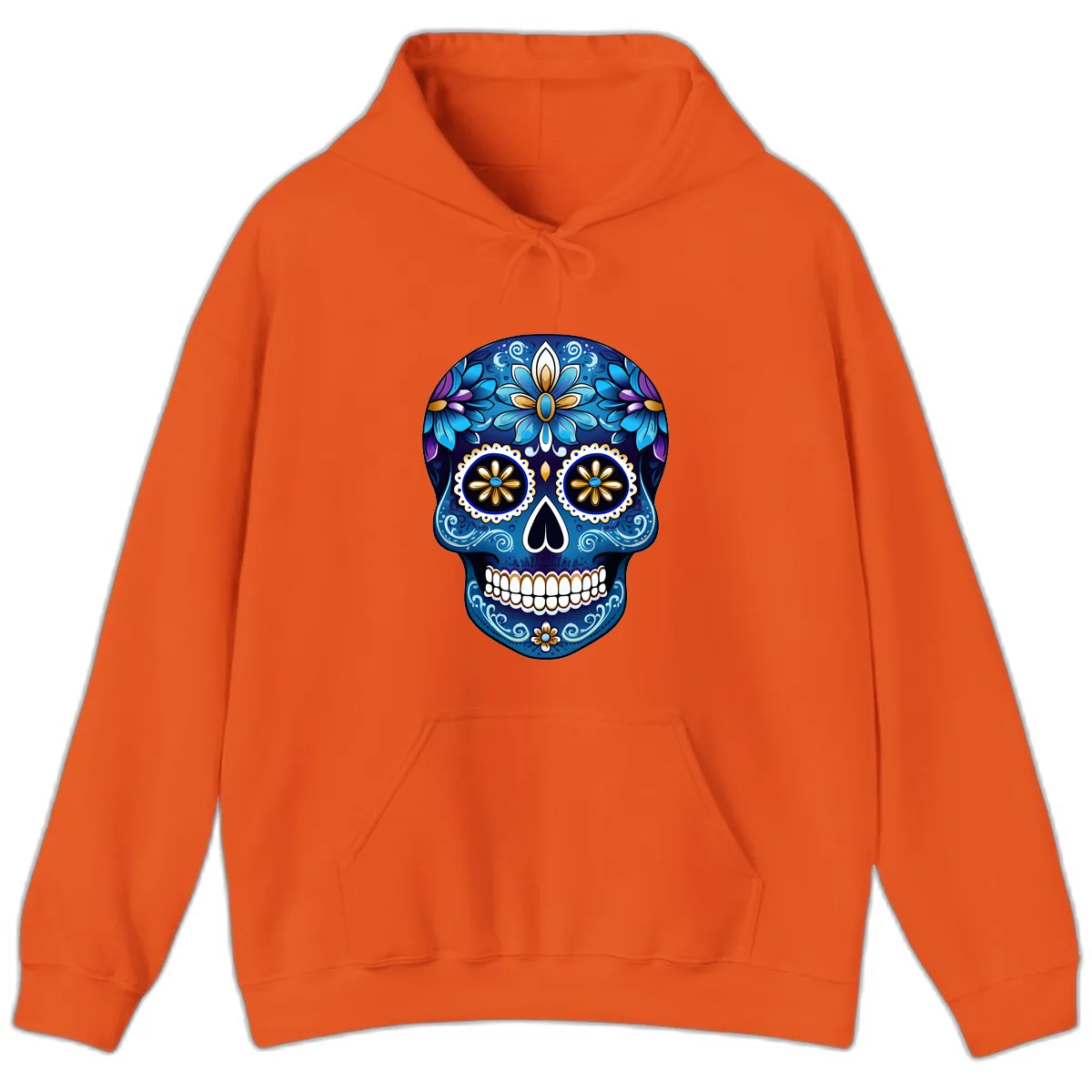 Vibrant Blue Floral Sugar Skull Calavera Art Hoodie in Orange