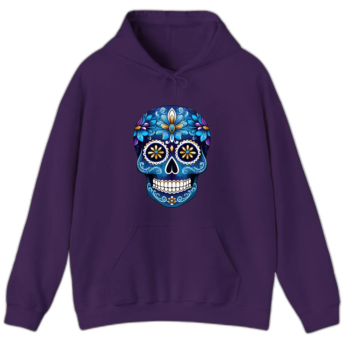 Vibrant Blue Floral Sugar Skull Calavera Art Hoodie in Purple