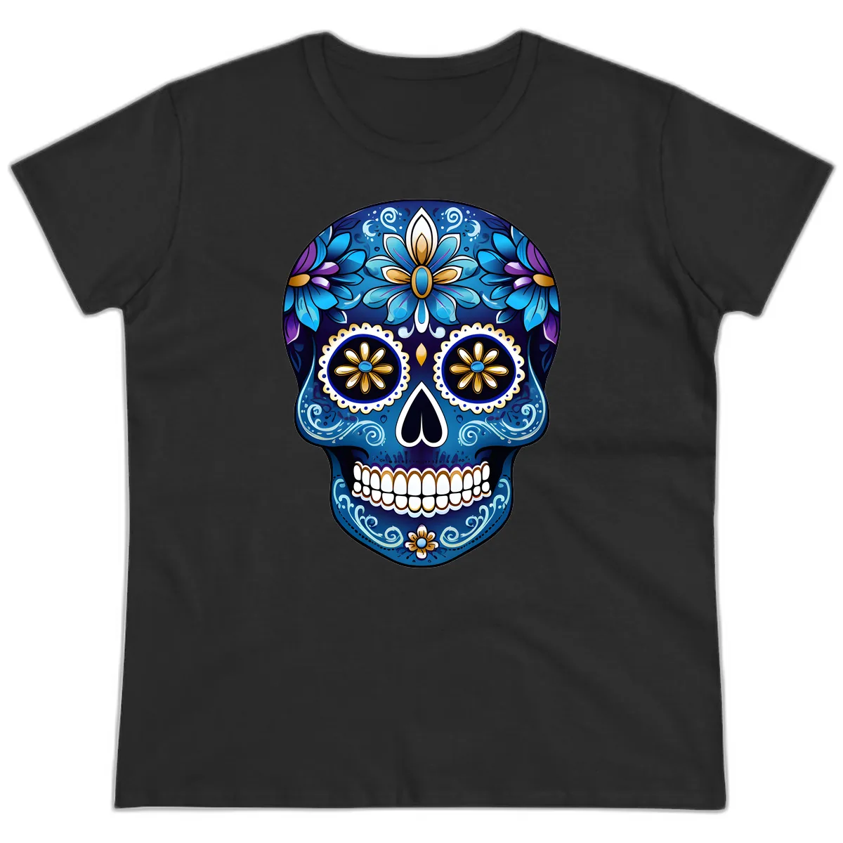 Vibrant Blue Floral Sugar Skull Calavera Art Ladies Tee in Black