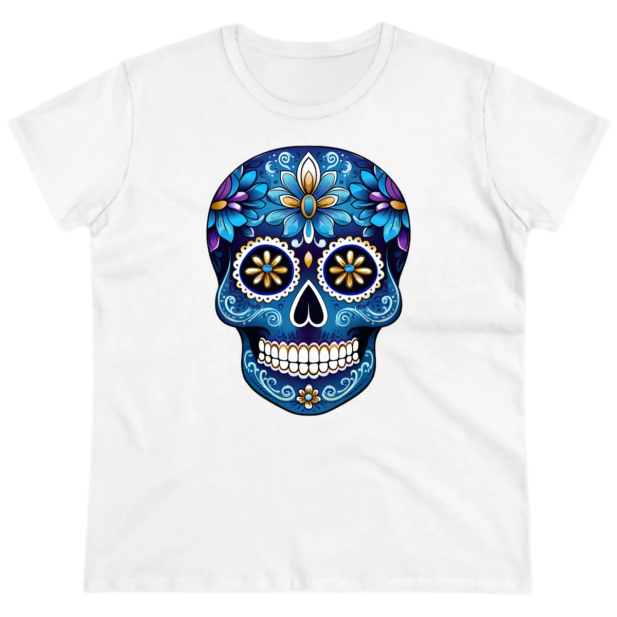 Vibrant Blue Floral Sugar Skull Calavera Art Ladies Tee in White