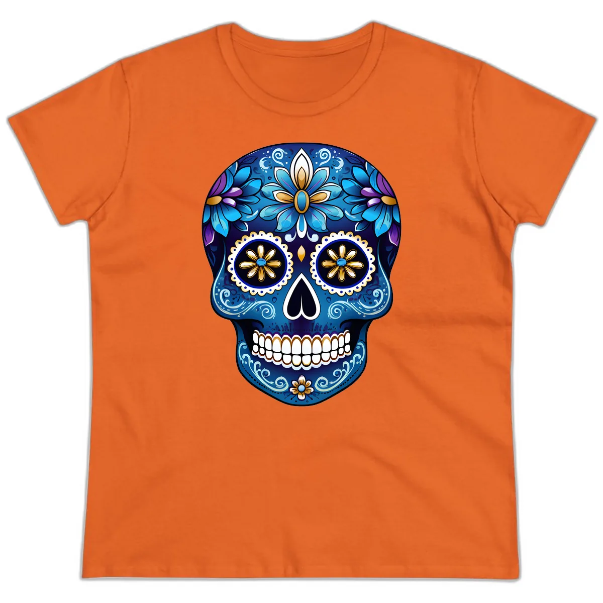 Vibrant Blue Floral Sugar Skull Calavera Art Ladies Tee in Orange