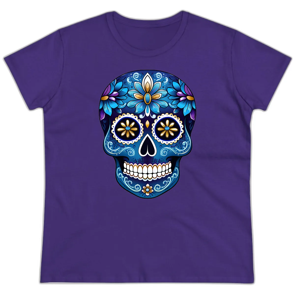 Vibrant Blue Floral Sugar Skull Calavera Art Ladies Tee in Purple