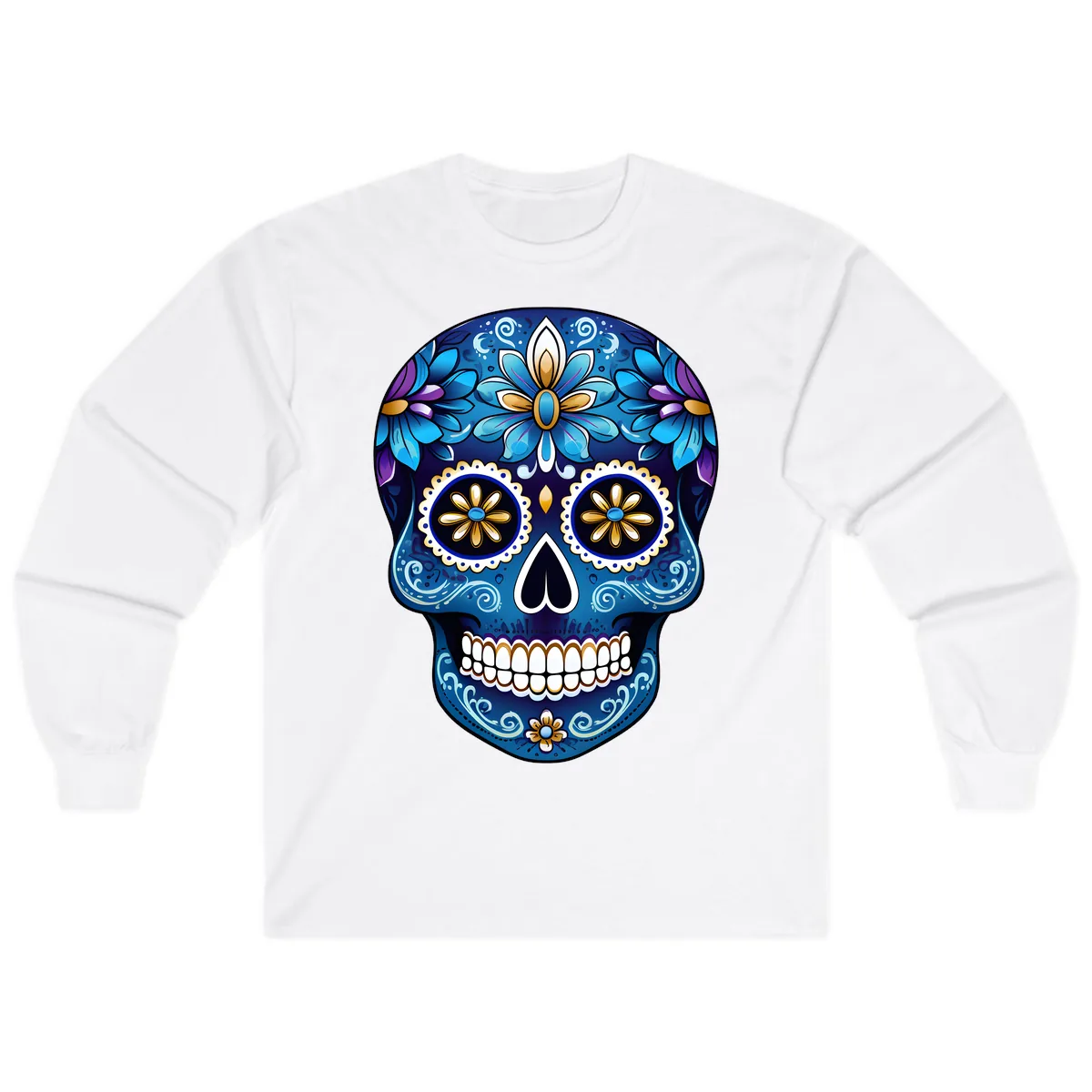 Vibrant Blue Floral Sugar Skull Calavera Art Long Sleeve in White