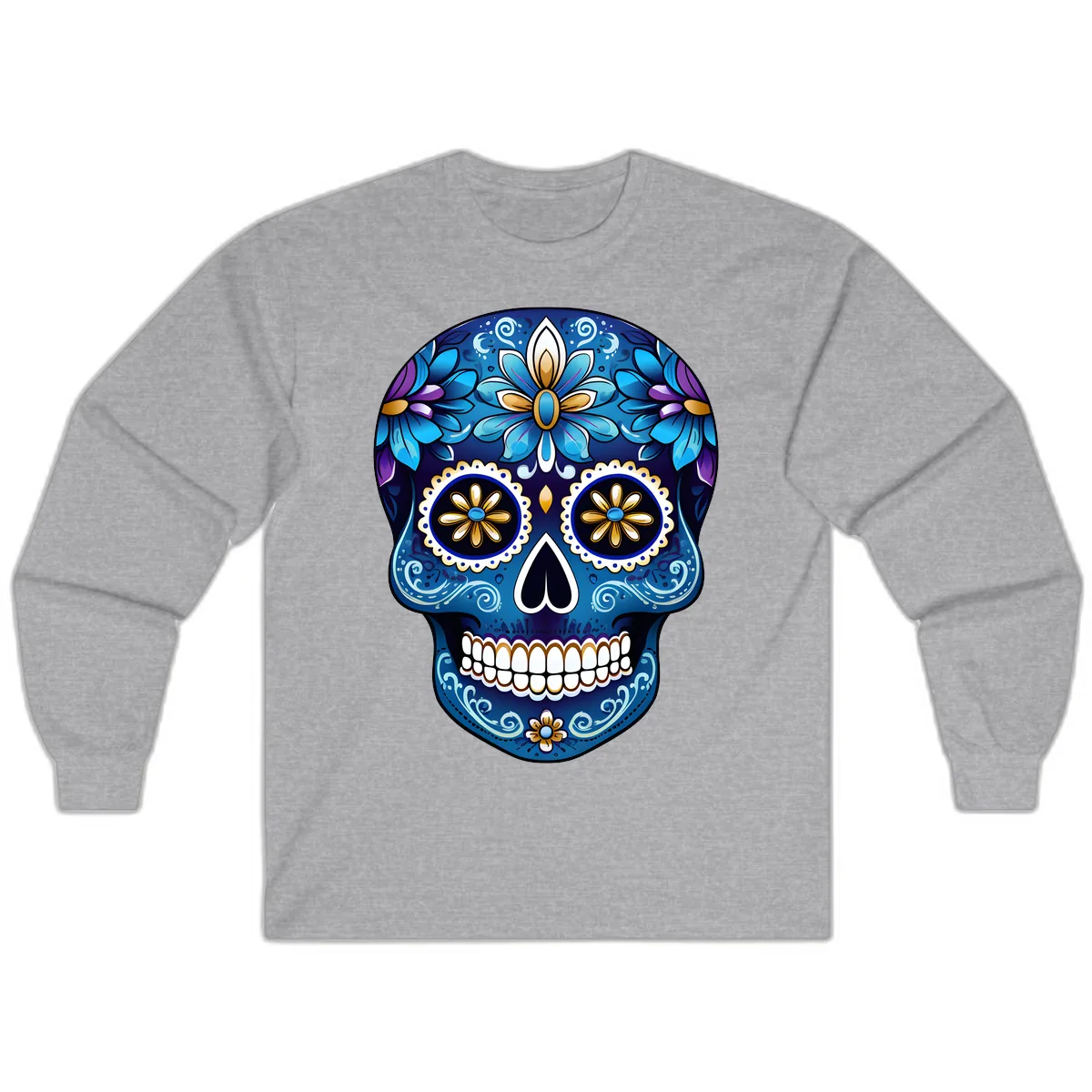 Vibrant Blue Floral Sugar Skull Calavera Art Long Sleeve in Sport Grey