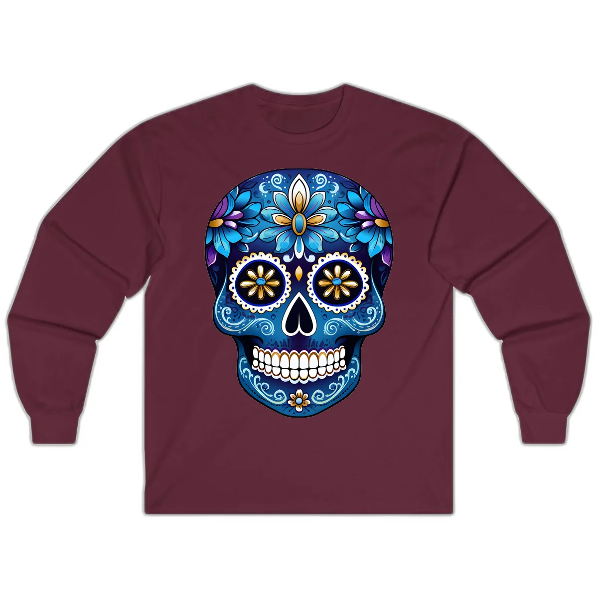 Vibrant Blue Floral Sugar Skull Calavera Art Long Sleeve in Maroon