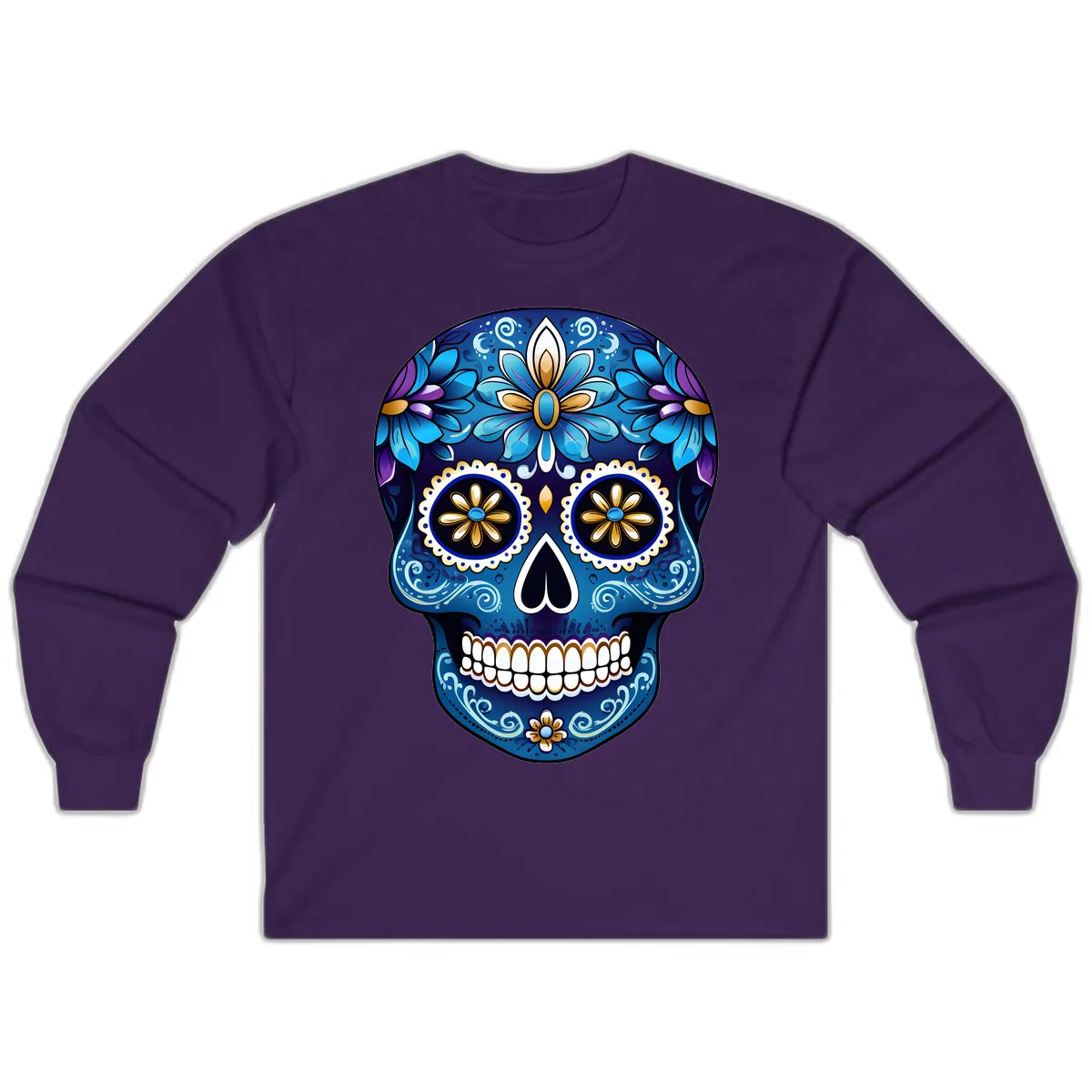 Vibrant Blue Floral Sugar Skull Calavera Art Long Sleeve in Purple