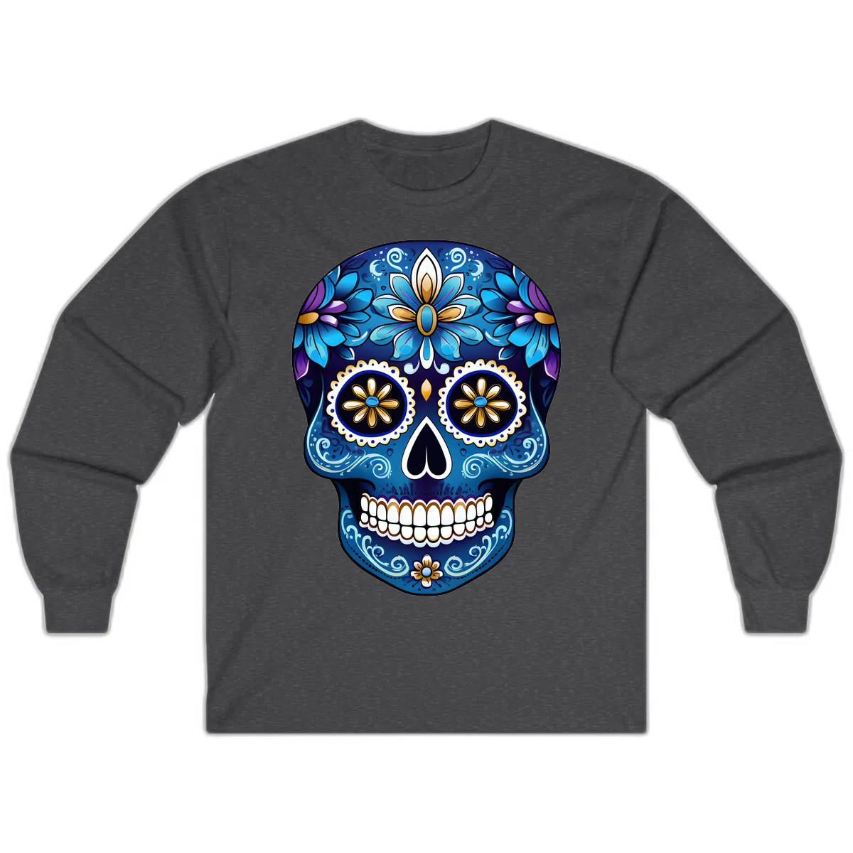 Vibrant Blue Floral Sugar Skull Calavera Art Long Sleeve in Dark Heather