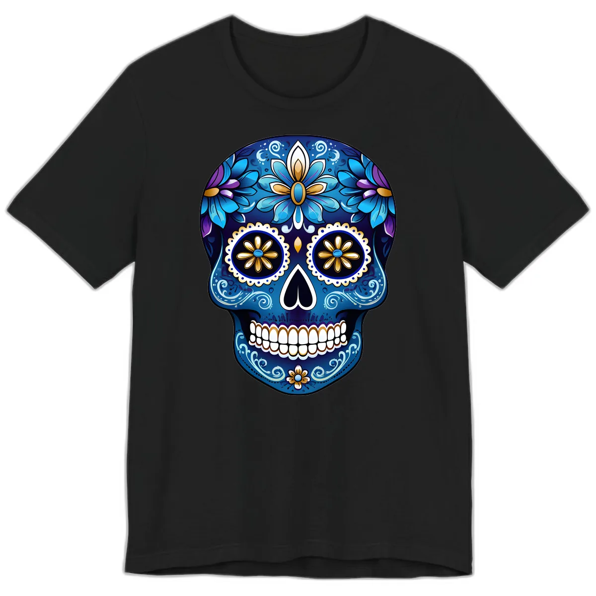 Vibrant Blue Floral Sugar Skull Calavera Art Premium T-Shirt in Black