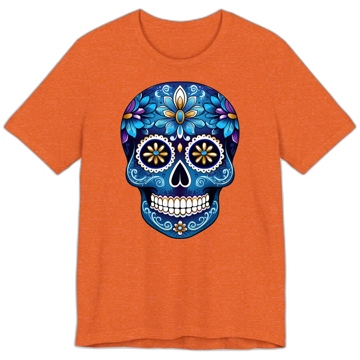 Vibrant Blue Floral Sugar Skull Calavera Art Premium T-Shirt in Heather Orange