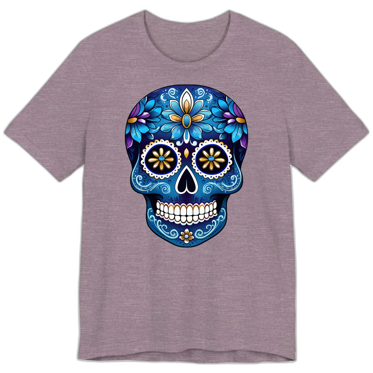 Vibrant Blue Floral Sugar Skull Calavera Art Premium T-Shirt in Heather Purple