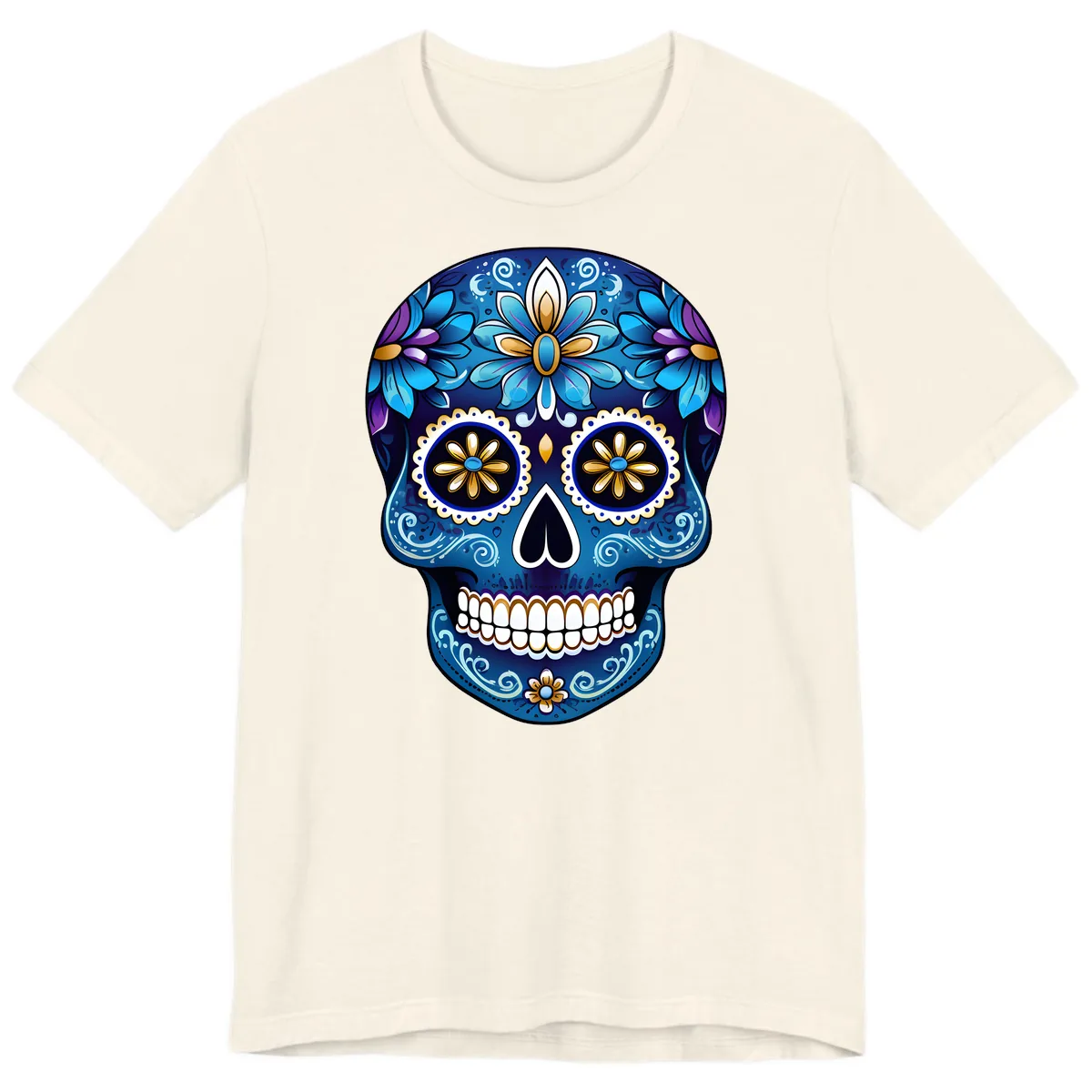 Vibrant Blue Floral Sugar Skull Calavera Art Premium T-Shirt in Natural