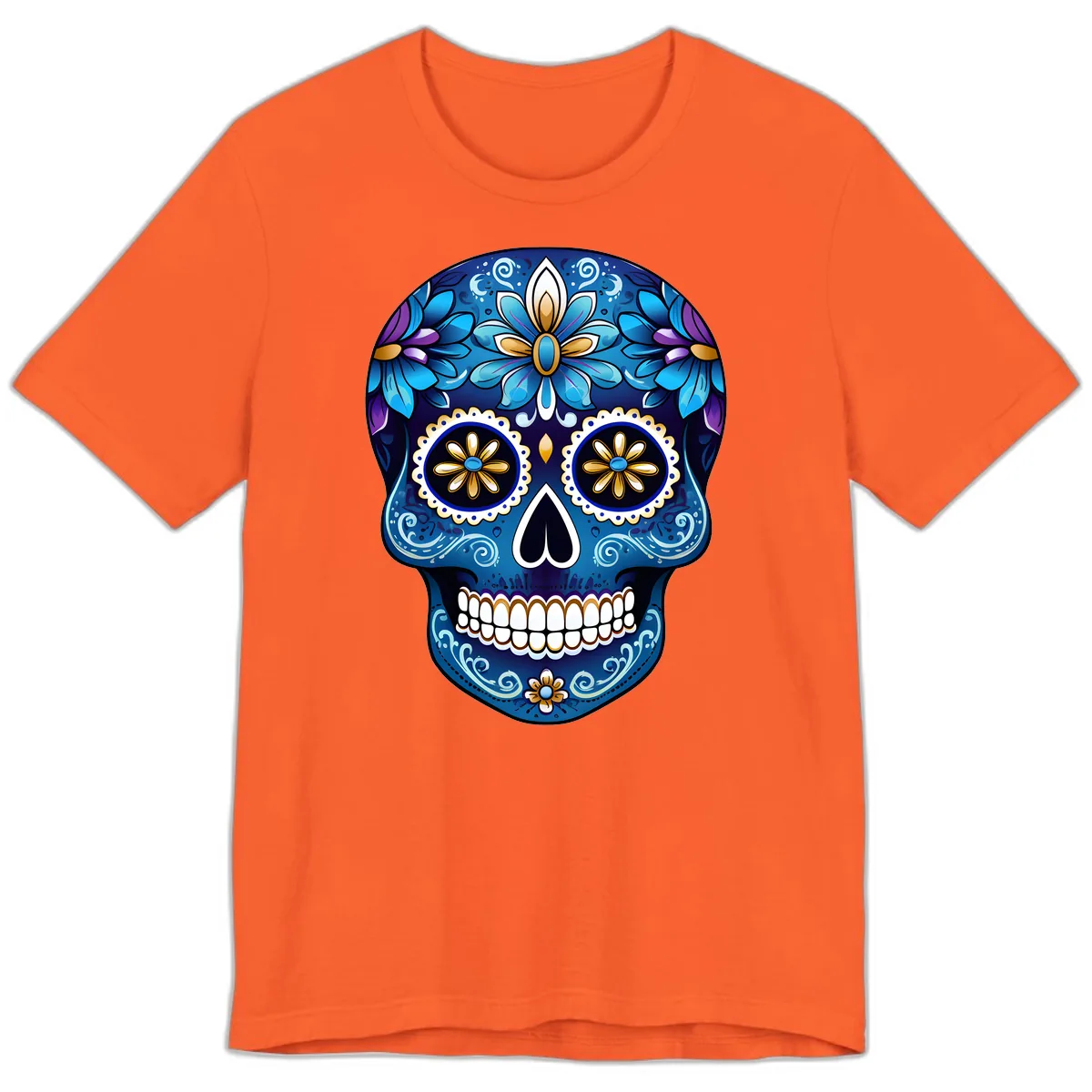 Vibrant Blue Floral Sugar Skull Calavera Art Premium T-Shirt in Orange