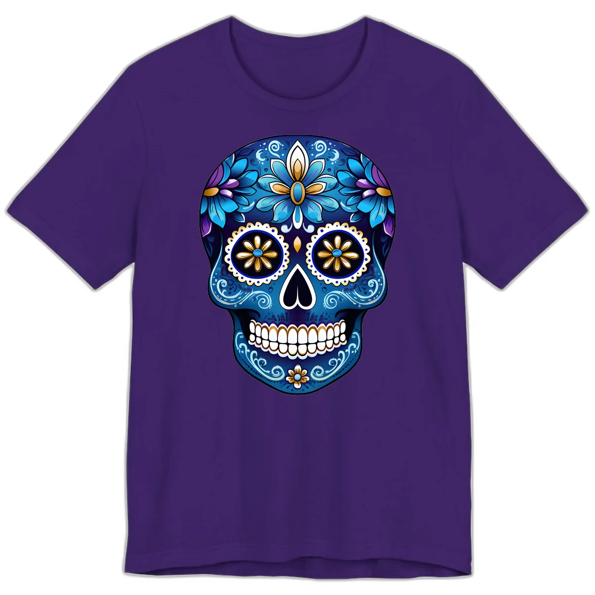 Vibrant Blue Floral Sugar Skull Calavera Art Premium T-Shirt in Team Purple