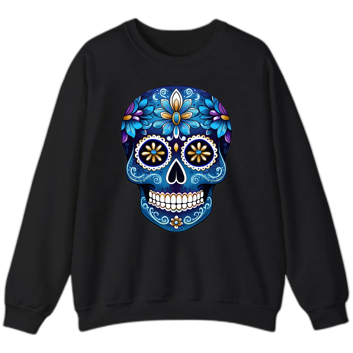 Vibrant Blue Floral Sugar Skull Calavera Art Sweatshirt in Black