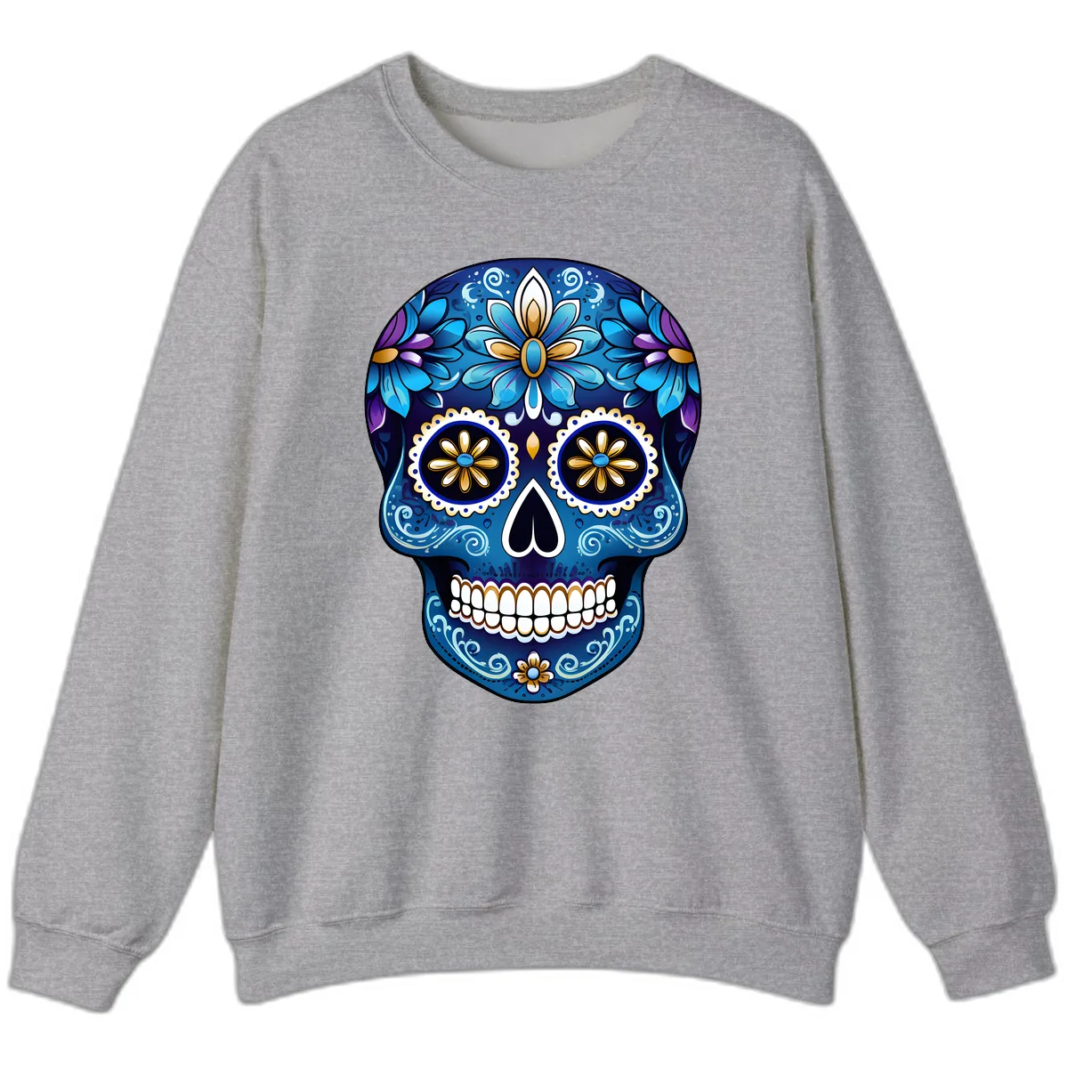 Vibrant Blue Floral Sugar Skull Calavera Art Sweatshirt in Sport Grey
