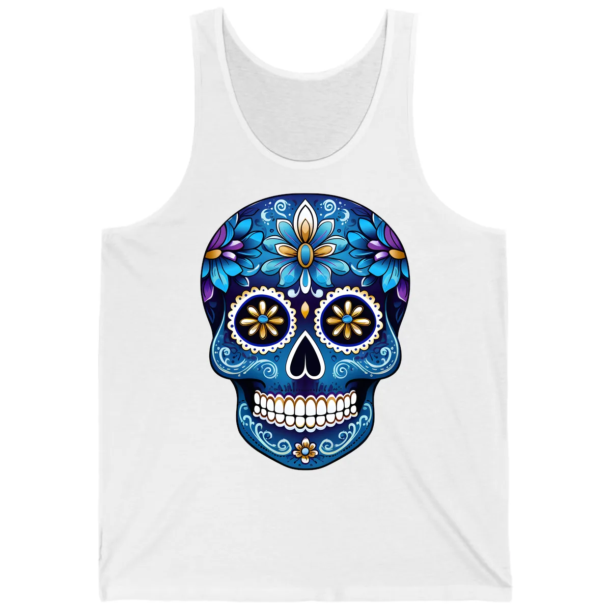 Vibrant Blue Floral Sugar Skull Calavera Art Tank in White