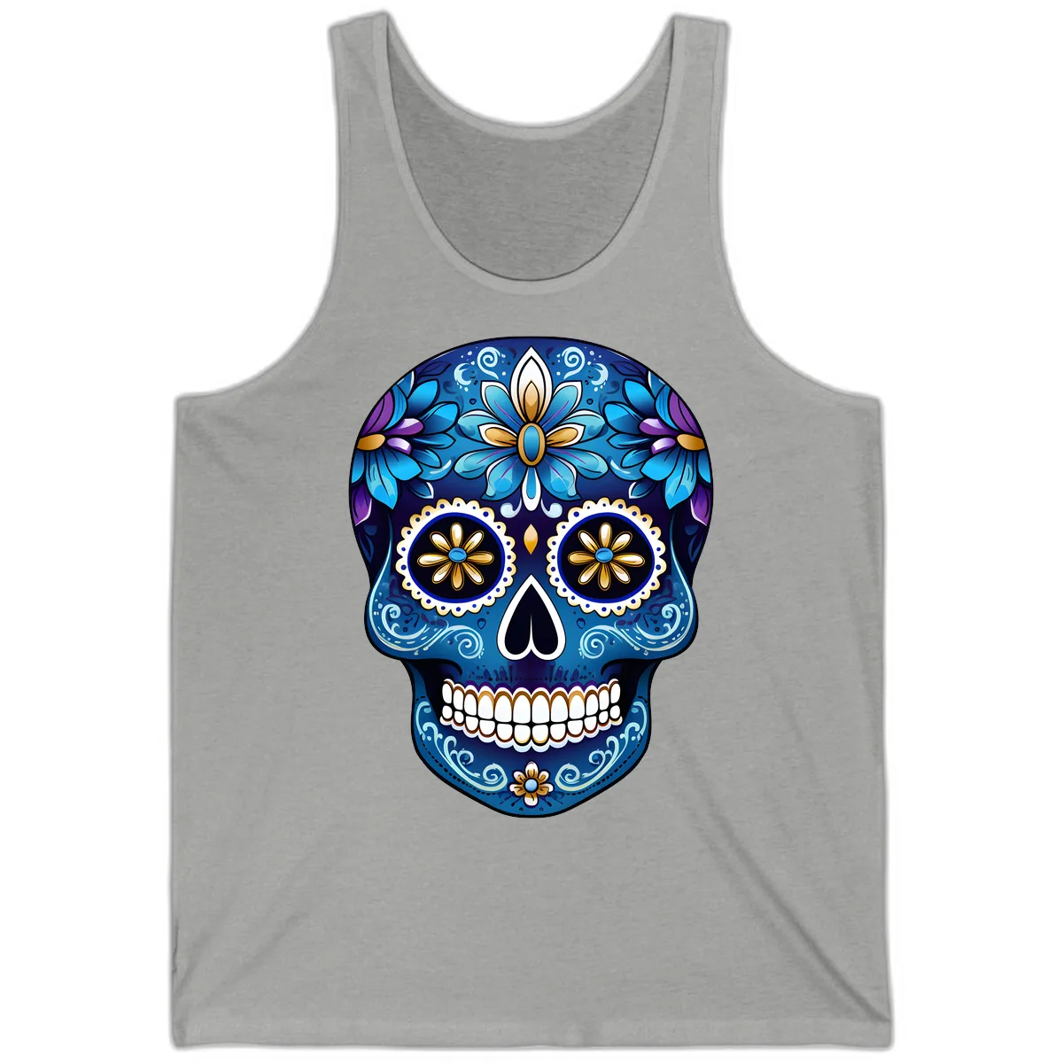Vibrant Blue Floral Sugar Skull Calavera Art Tank in Athletic Heather