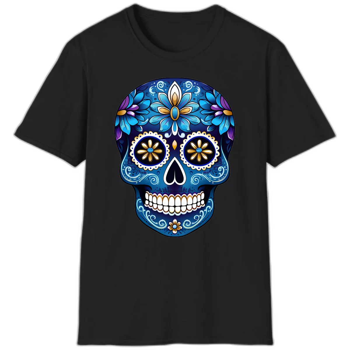 Vibrant Blue Floral Sugar Skull Calavera Art T-Shirt in Black