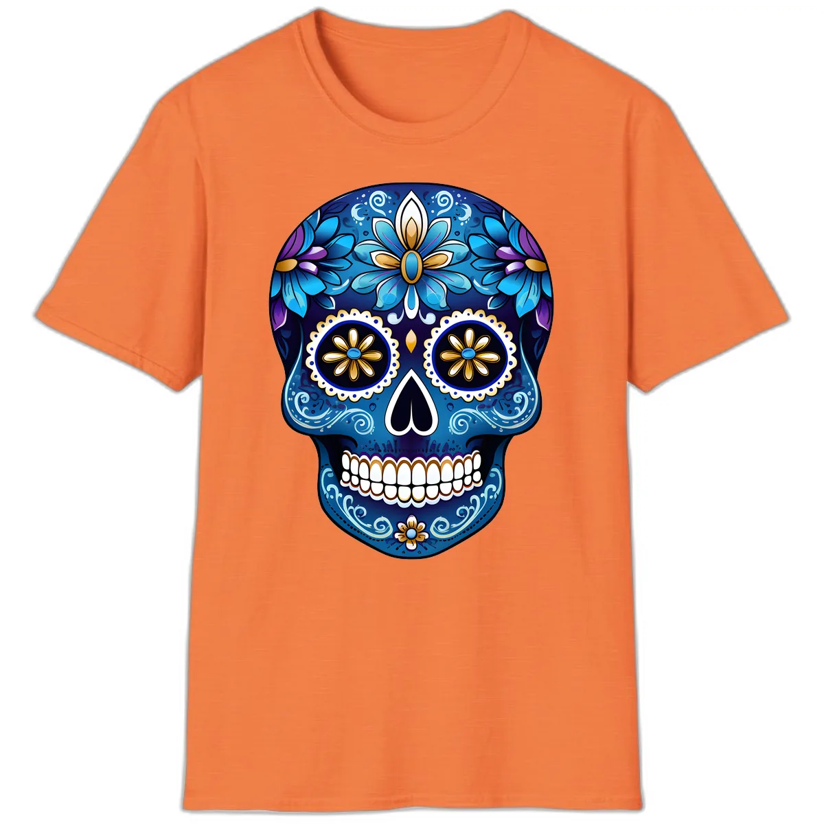 Vibrant Blue Floral Sugar Skull Calavera Art T-Shirt in Heather Orange