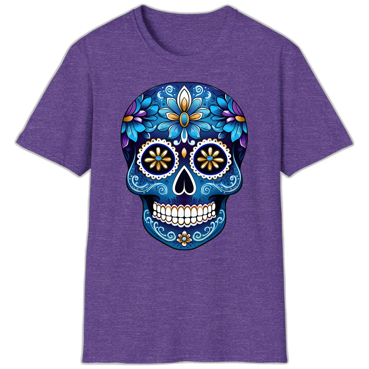 Vibrant Blue Floral Sugar Skull Calavera Art T-Shirt in Heather Purple