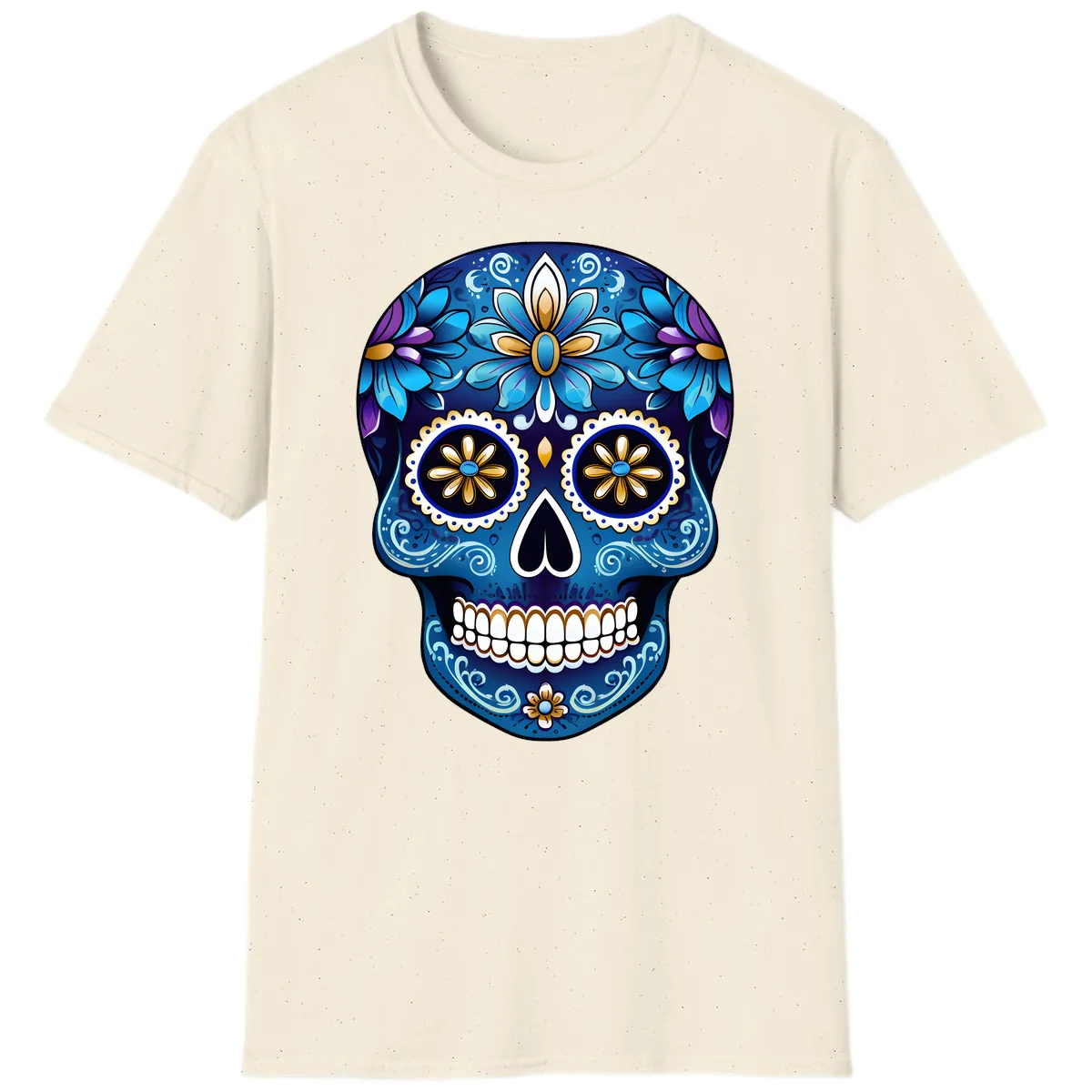 Vibrant Blue Floral Sugar Skull Calavera Art T-Shirt in Natural