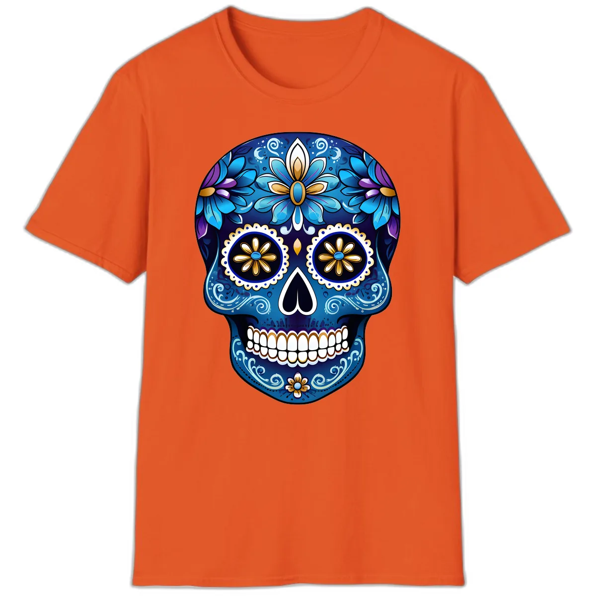 Vibrant Blue Floral Sugar Skull Calavera Art T-Shirt in Orange