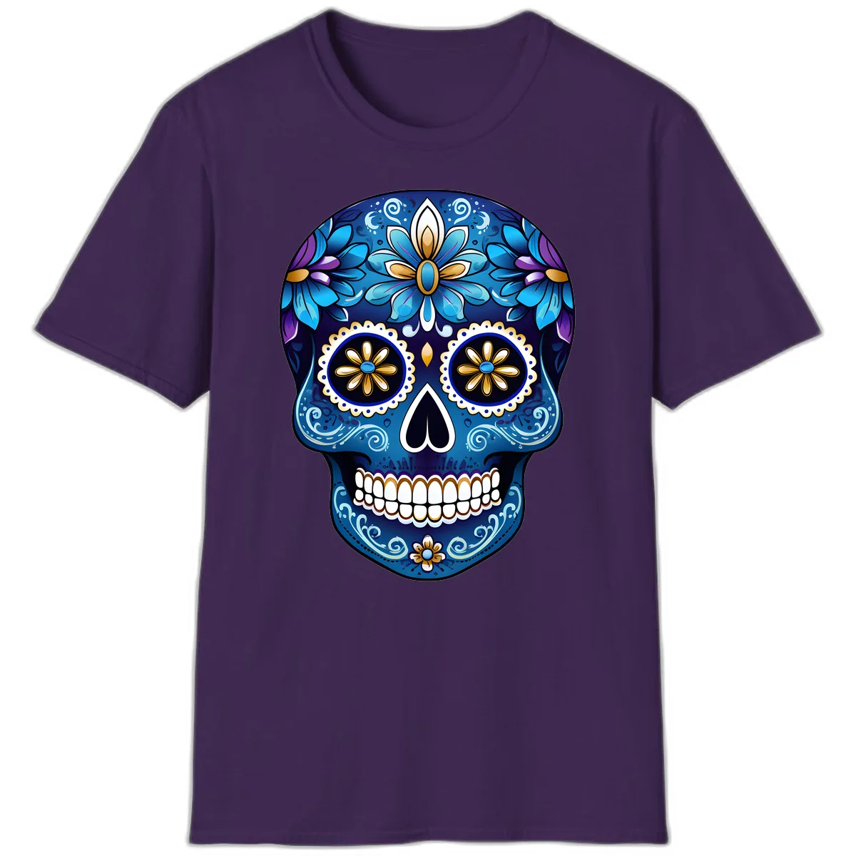 Vibrant Blue Floral Sugar Skull Calavera Art T-Shirt in Purple