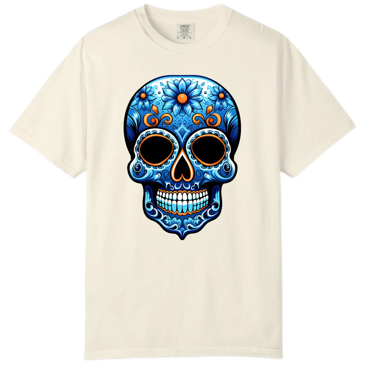 Intricate Blue and Orange Día de los Muertos Skull Comfort Color in Ivory