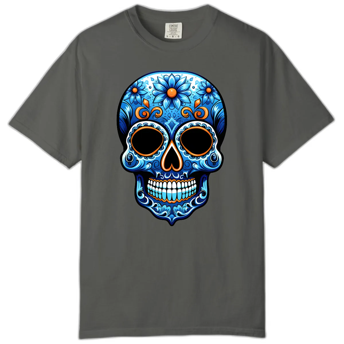 Intricate Blue and Orange Día de los Muertos Skull Comfort Color in Pepper