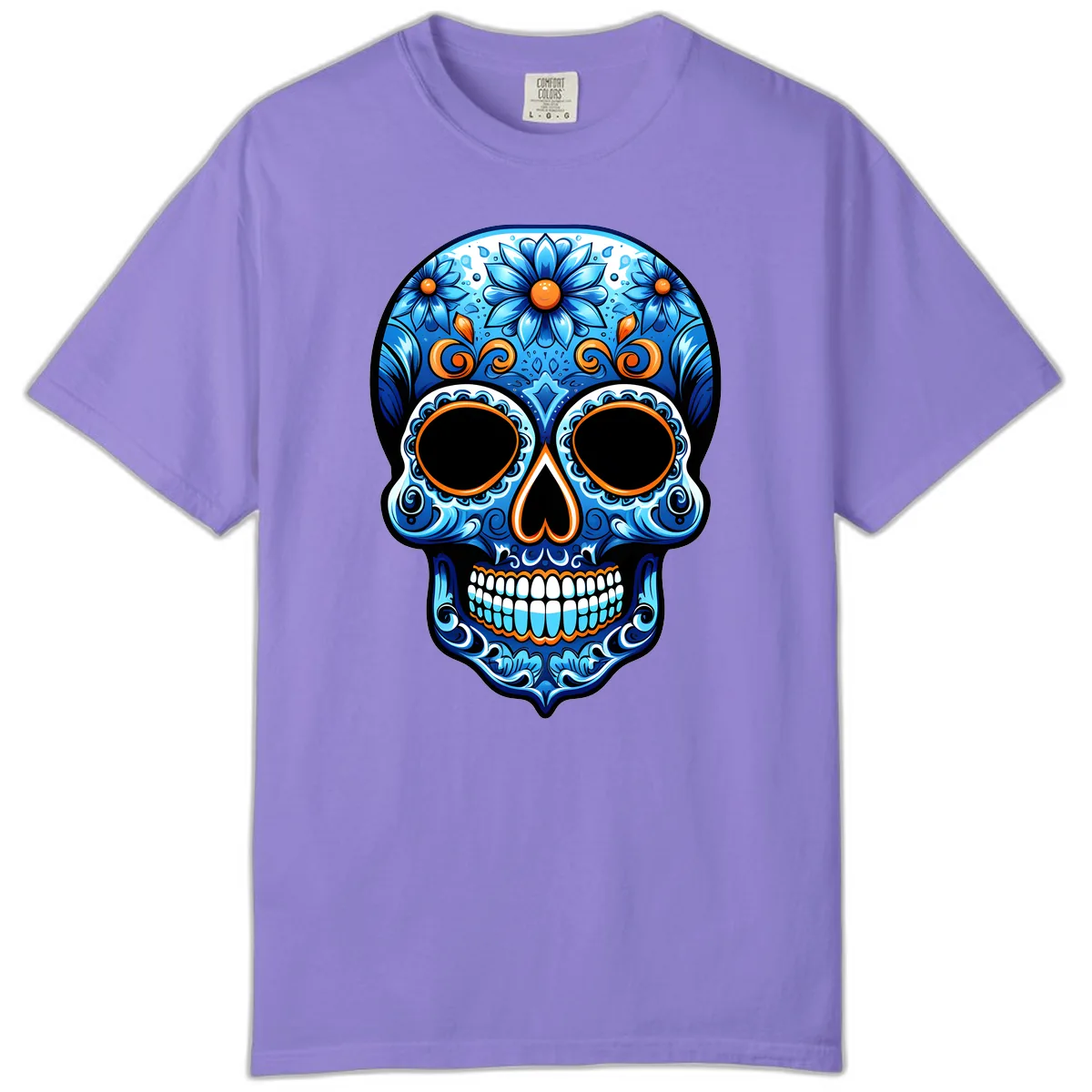 Intricate Blue and Orange Día de los Muertos Skull Comfort Color in Violet