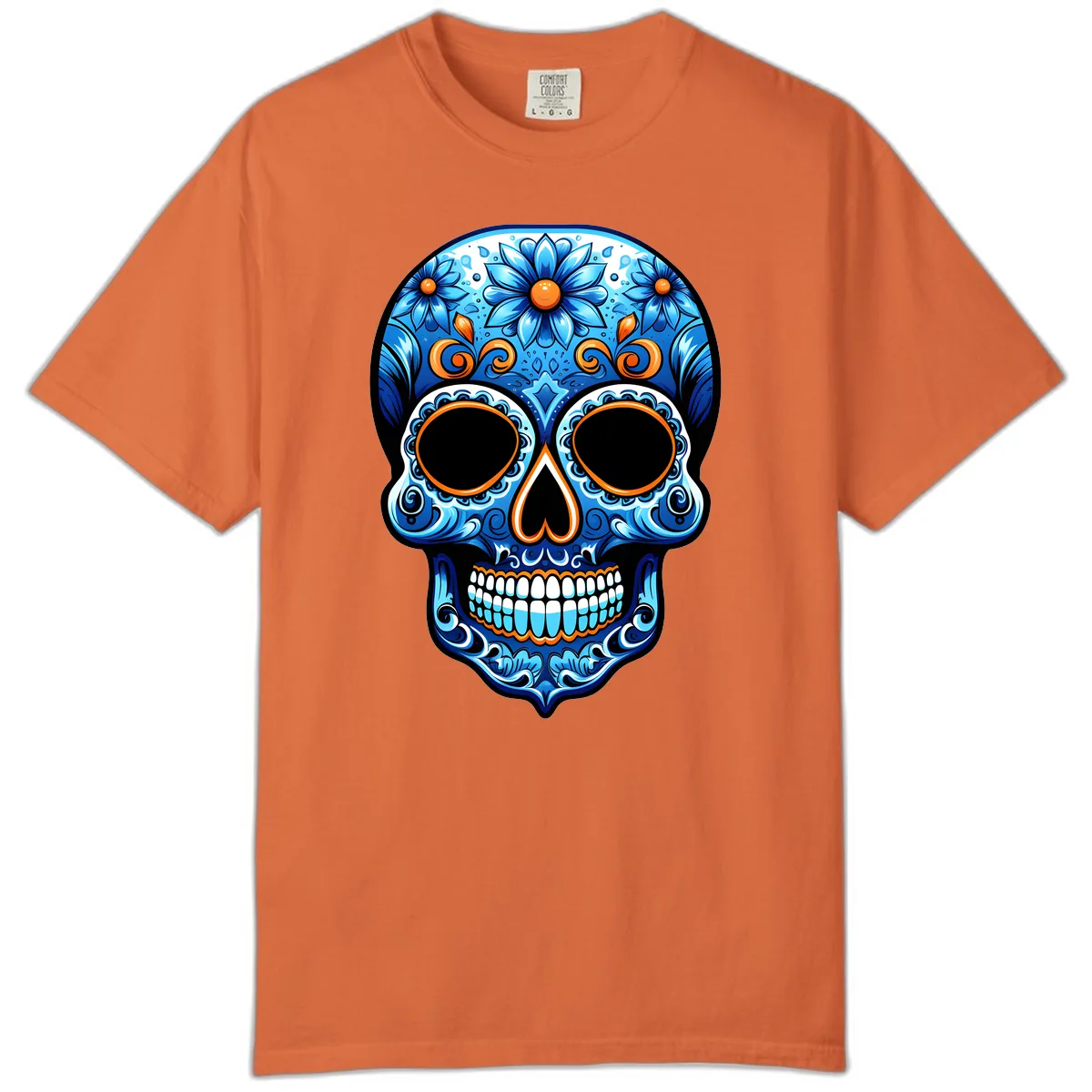 Intricate Blue and Orange Día de los Muertos Skull Comfort Color in Burnt Orange