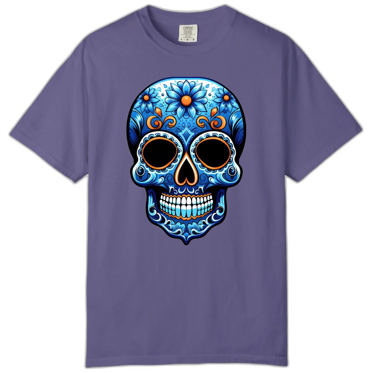 Intricate Blue and Orange Día de los Muertos Skull Comfort Color in Grape