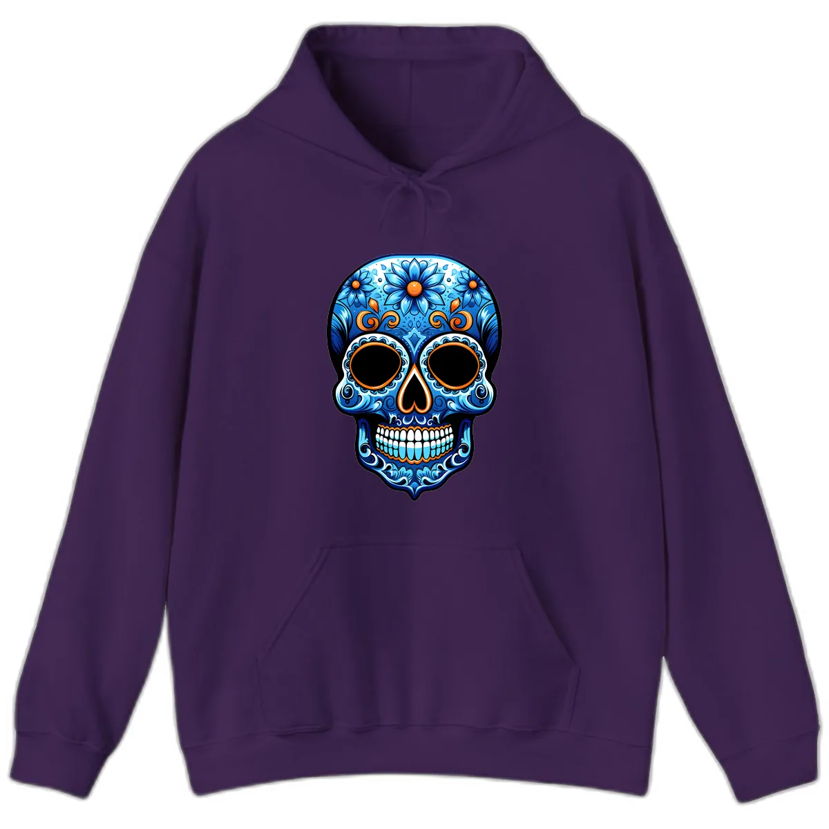Intricate Blue and Orange Día de los Muertos Skull Hoodie in Purple