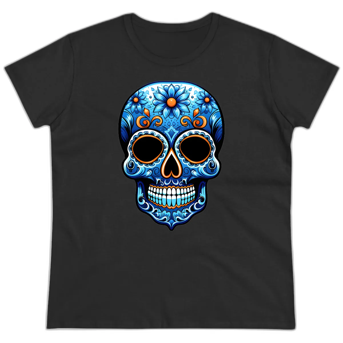 Intricate Blue and Orange Día de los Muertos Skull Ladies Tee in Black