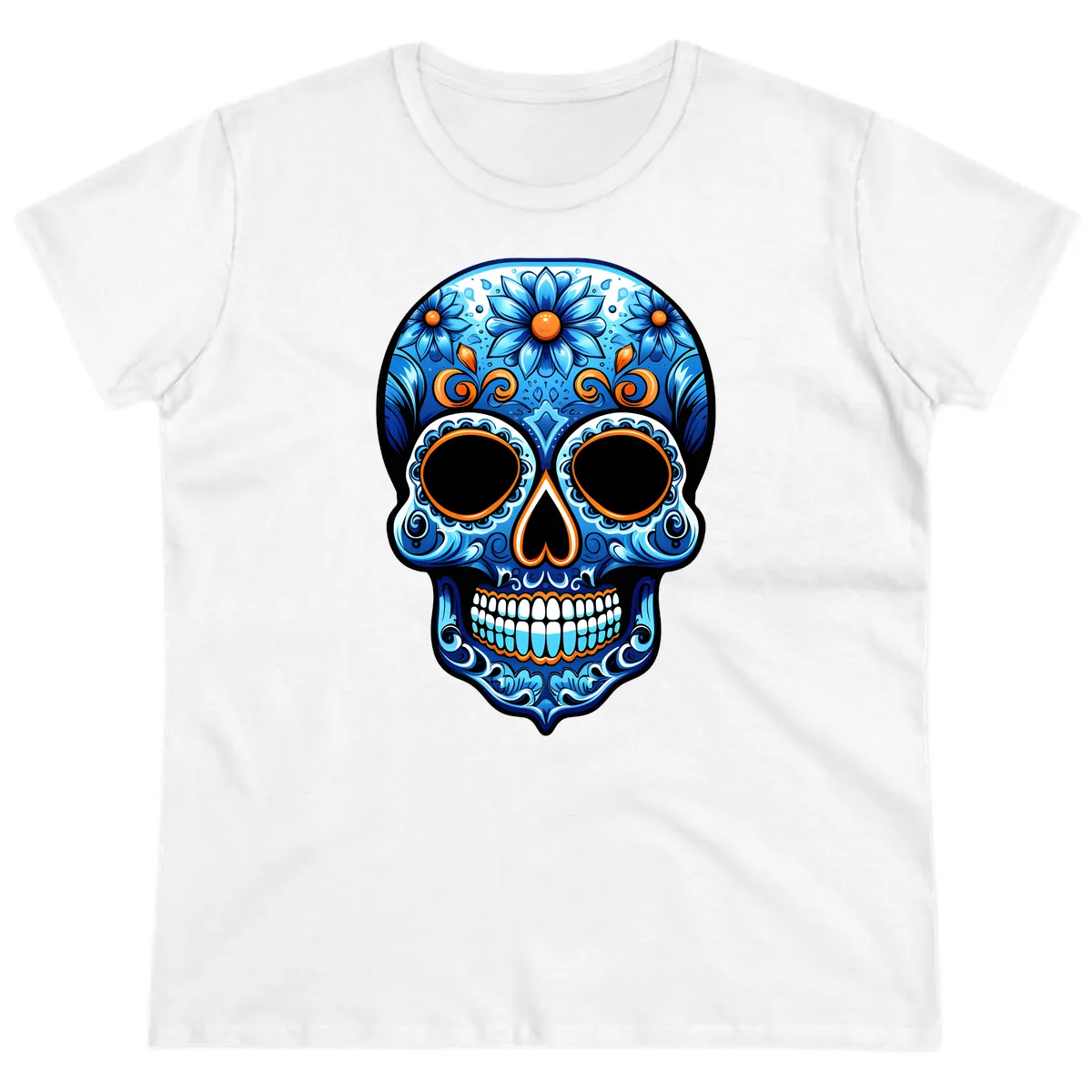 Intricate Blue and Orange Día de los Muertos Skull Ladies Tee in White