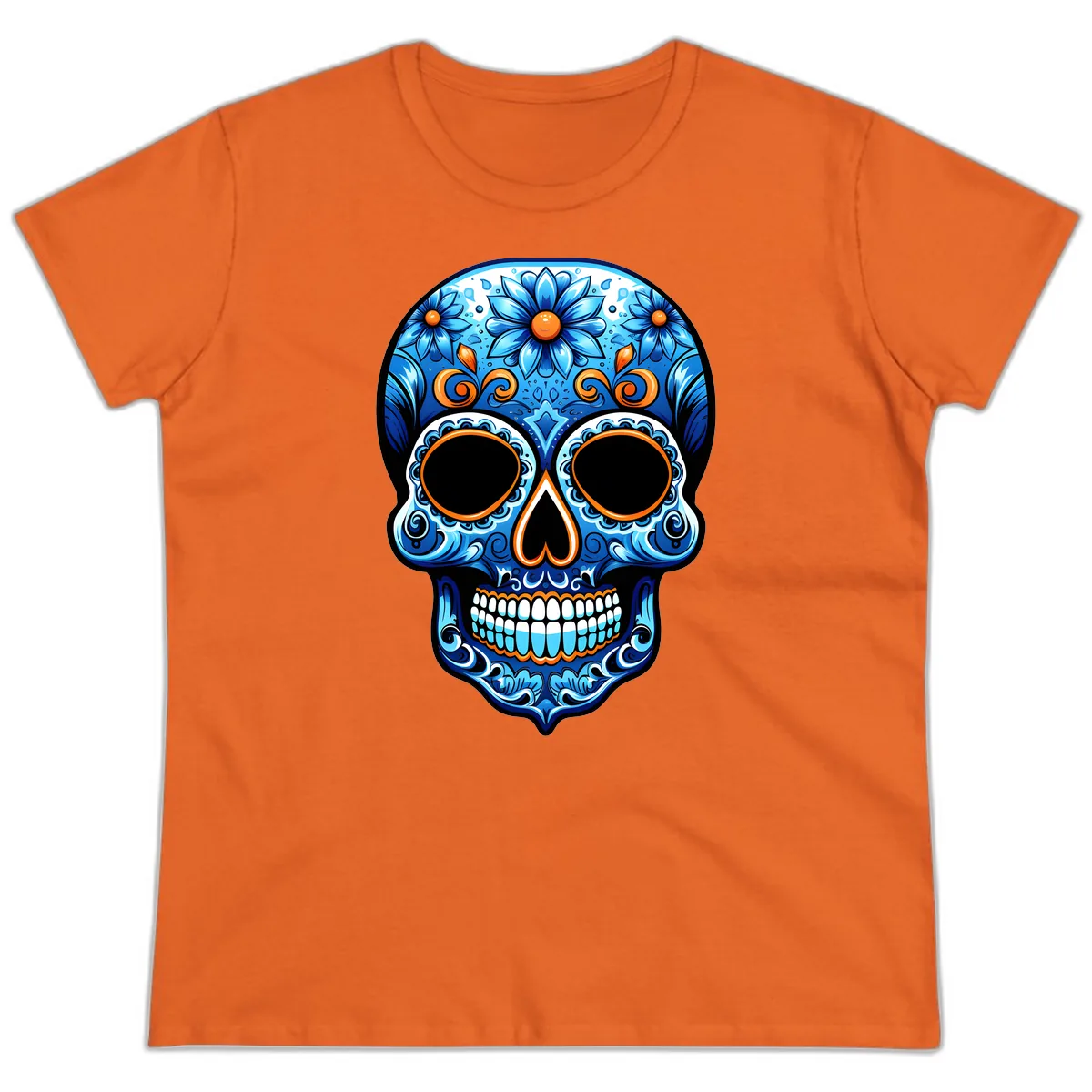 Intricate Blue and Orange Día de los Muertos Skull Ladies Tee in Orange