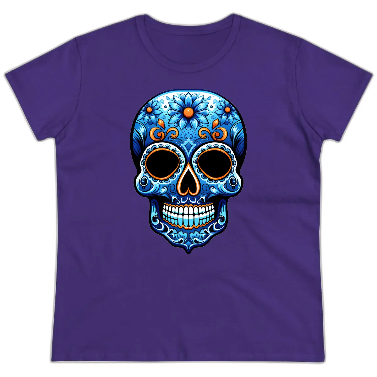 Intricate Blue and Orange Día de los Muertos Skull Ladies Tee in Purple