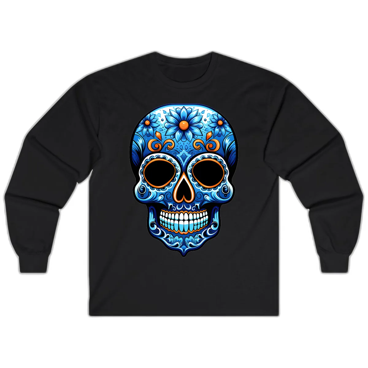 Intricate Blue and Orange Día de los Muertos Skull Long Sleeve in Black