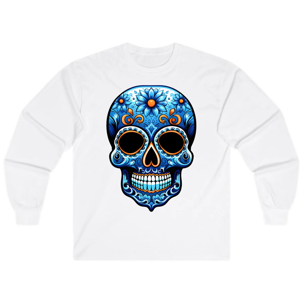 Intricate Blue and Orange Día de los Muertos Skull Long Sleeve in White