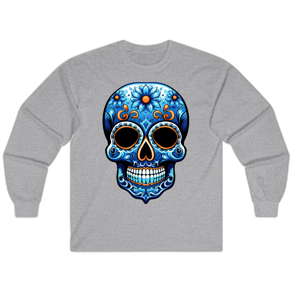 Intricate Blue and Orange Día de los Muertos Skull Long Sleeve in Sport Grey