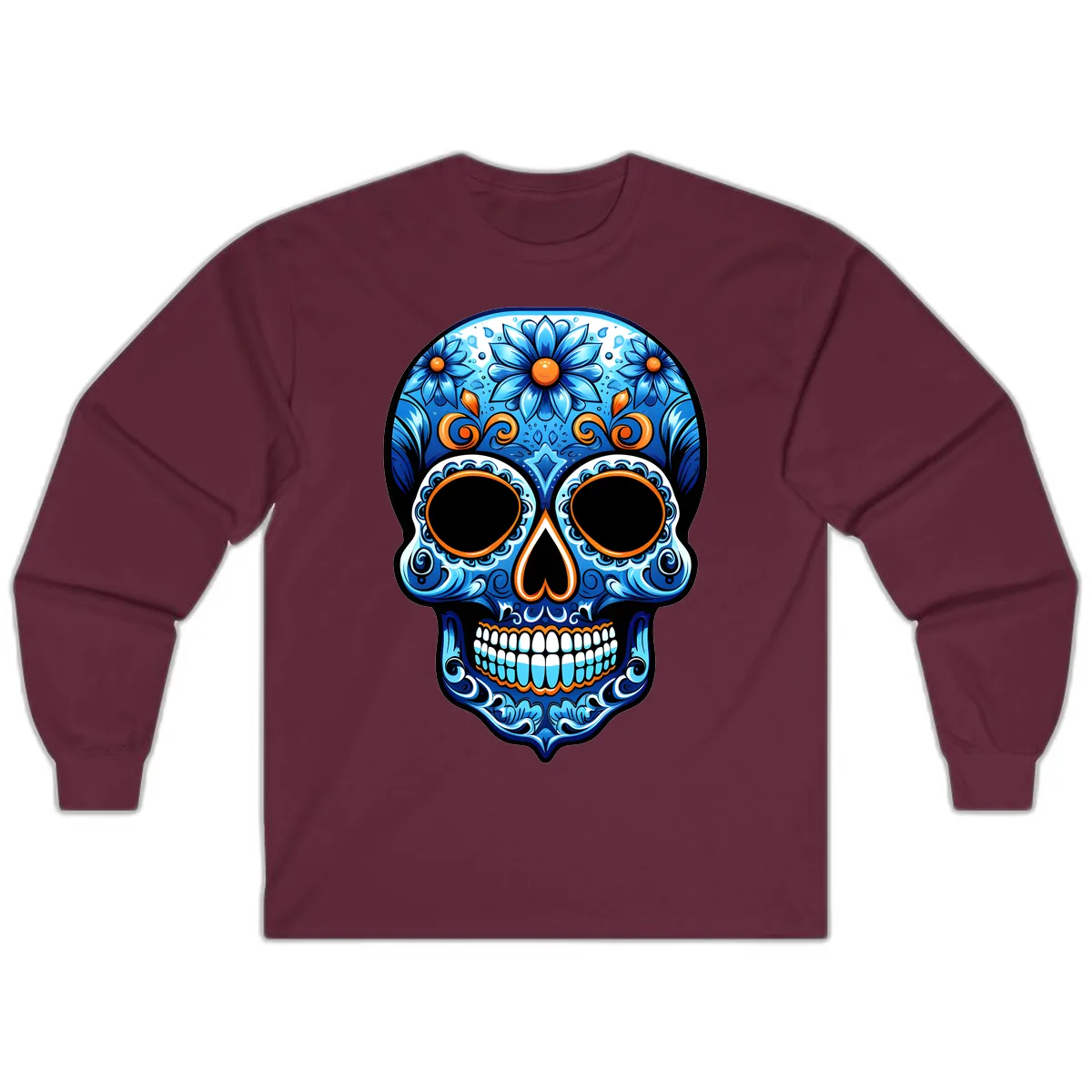 Intricate Blue and Orange Día de los Muertos Skull Long Sleeve in Maroon