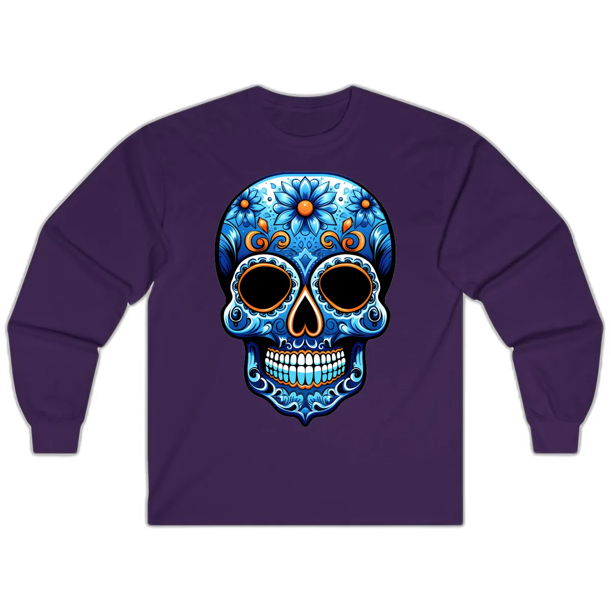 Intricate Blue and Orange Día de los Muertos Skull Long Sleeve in Purple